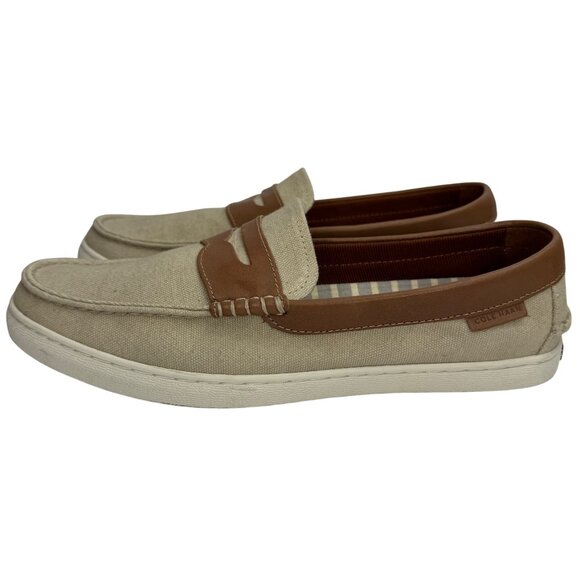 Cole Haan Beige Canvas Nantucket Penny Loafer Brown Leather Detail Men's Sz 10 M - Picture 4 of 10